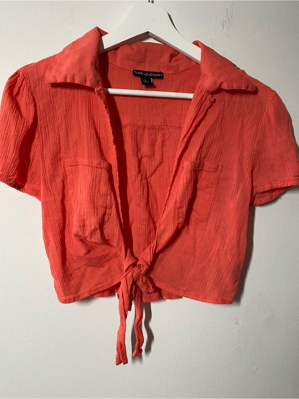 Threadstory Coral Tie-Front Short Sleeve Top Cardigan Open Front